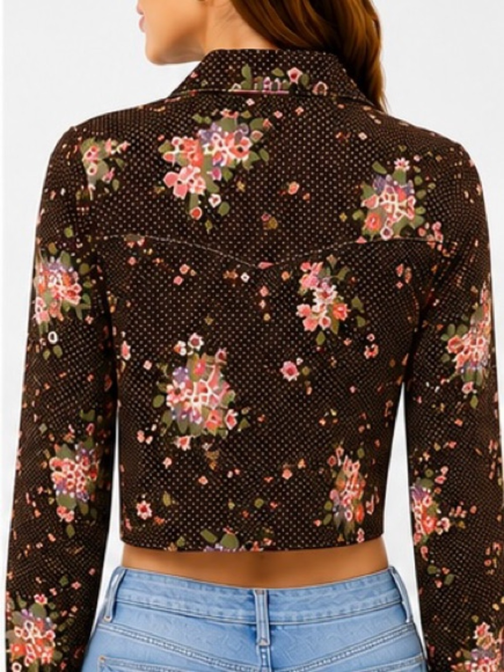 Vintage 70s Jinny Jin Floral Crop Shirt Brown Pink Retro Disco Size 8 - Picture 3 of 6